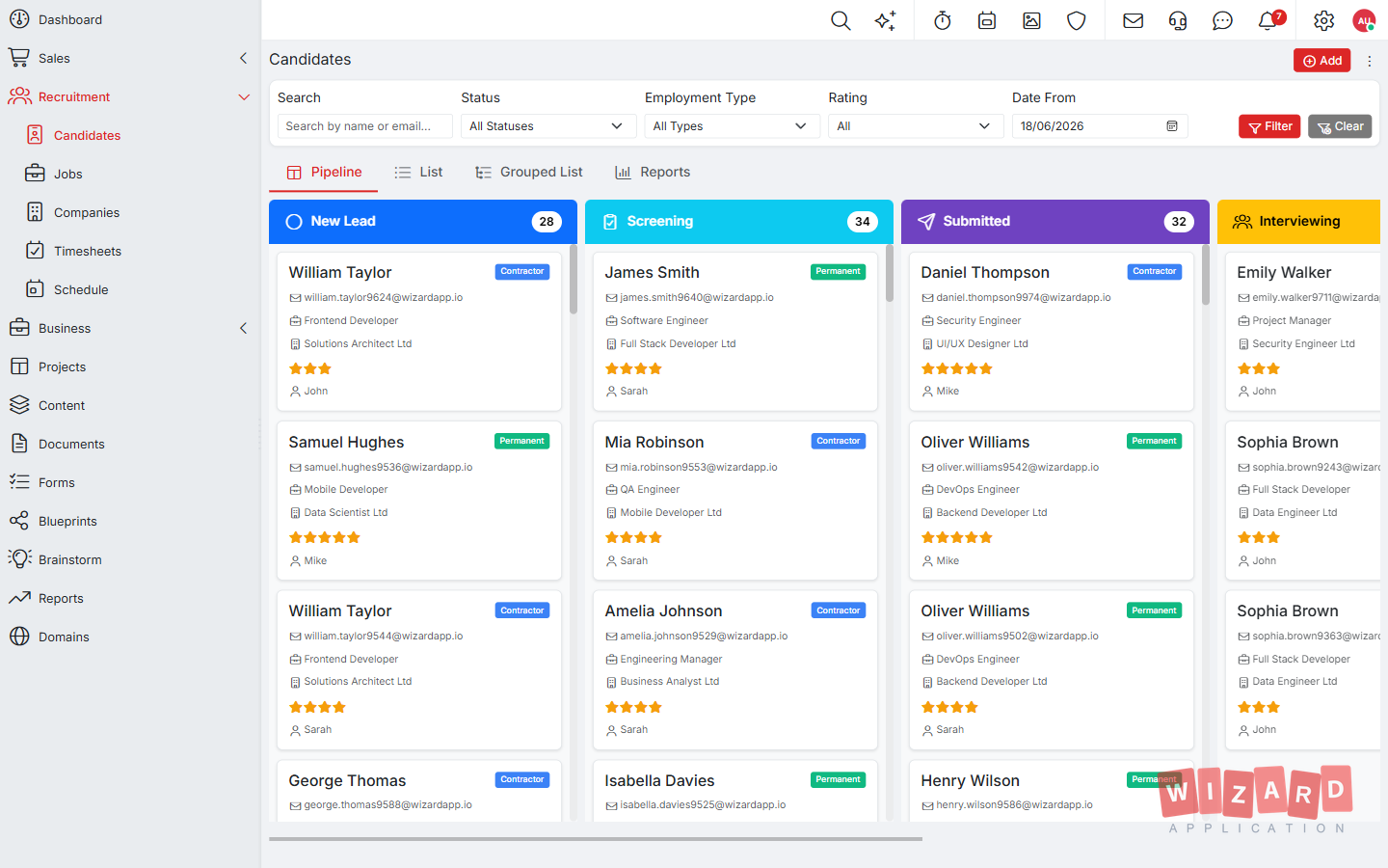 Candidate pipeline view in Wizard Application showing applicants grouped by hiring stage