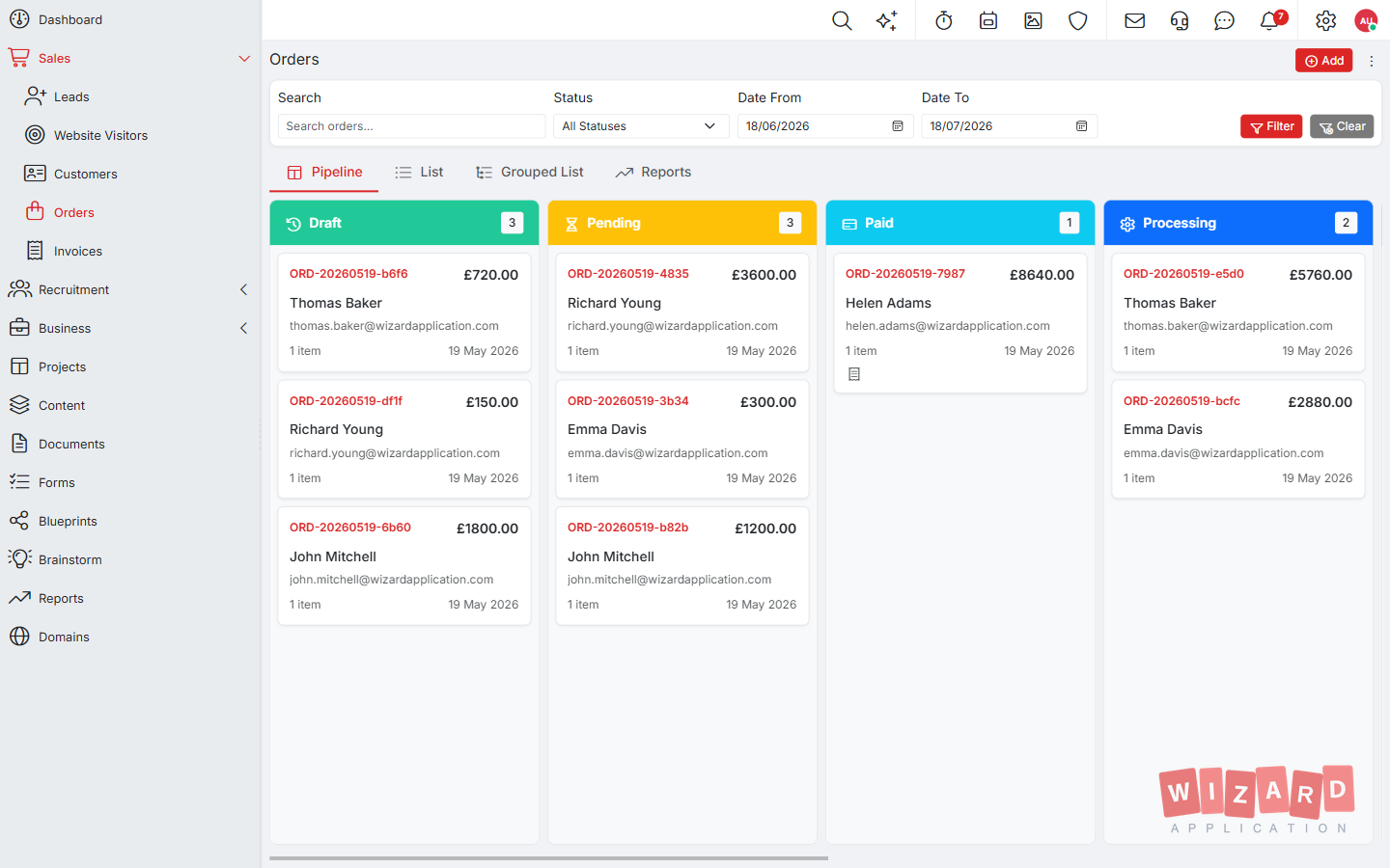 Sales pipeline view in Wizard Application showing orders grouped by status